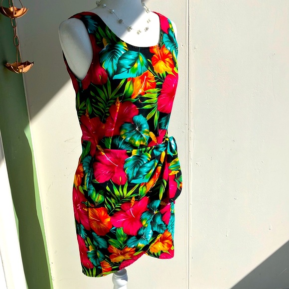 Vintage 80s 90s  Tropical Floral Faux Wrap Dress - Picture 1 of 6
